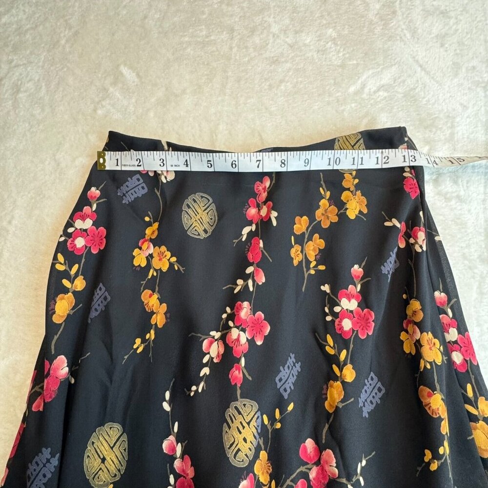 Floral Women's Maxi Lined Skirt Small Oriental Elastic Waist Lined Black Red Ylw - Picture 5 of 7